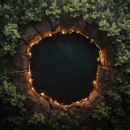 a pond surrounded by rocks in the forest