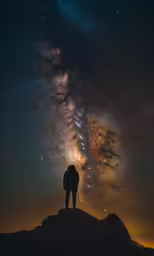 man standing on a rock looking up at the night sky