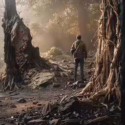 a person in a jacket standing next to a large tree