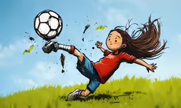 a cartoon character kicking a soccer ball in the grass