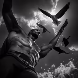an athletic man holding a bird in his hands and birds flying behind him