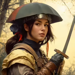 girl in armor holding sword and a green helmet