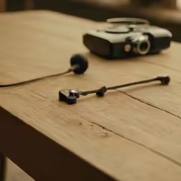 a wooden table topped with a pair of headphones and a camera