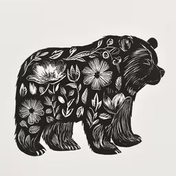an ink drawing of a bear with flowers on it,a black and white bear with flowers in it