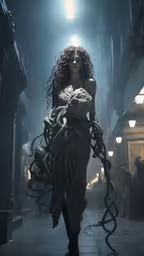 a woman is in the dark with lots of lights,a woman walking down a sidewalk with long hair