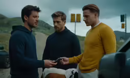 a group of three men standing around a car