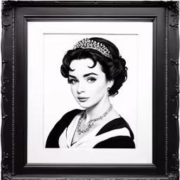black and white photograph of woman in tiara with curly hair