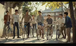 people standing around talking on bicycles next to a wall