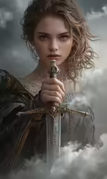 a woman holding a sword above the clouds