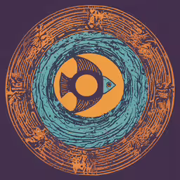 a fish on a dark blue and orange background,a fish and a round object on top of a blue and orange background