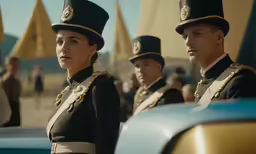 several men in dress clothes, hats and a blue car
