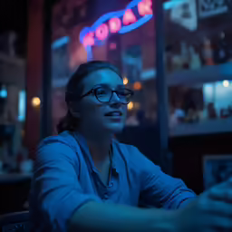 a woman in glasses looking out from inside a restaurant