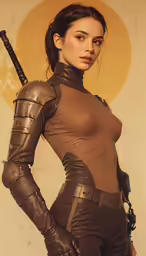 a woman in a brown cat suit holding a gun