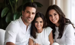 two smiling women and a man sitting next to each other