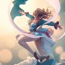 a woman is standing on a small object floating through the air