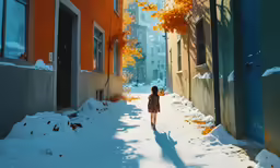 a person standing alone in the snow near some buildings