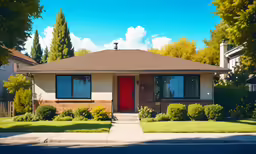 a two story house with red door, hedges and sidewalk