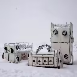 a white robot bed made out of a couch, chairs and tables