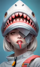 the female soldier is wearing a shark hat and her mouth is open