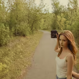 a girl standing on a country road holding her camera up to the side