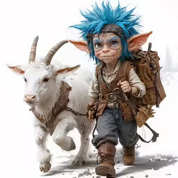 a blue haired troll walks behind an oxen