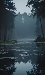 a small body of water surrounded by trees