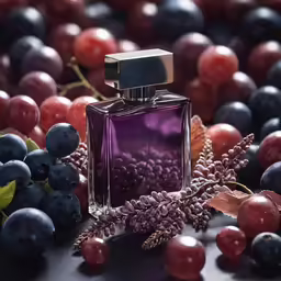 an image of a purple bottle surrounded by grapes