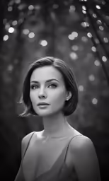 black and white portrait of woman in dress looking at camera