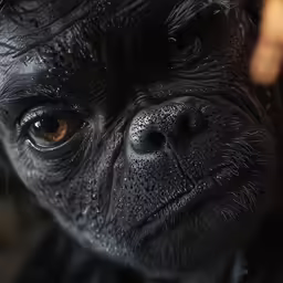 an old black dog with wet fur sitting up against a wall
