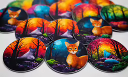 a number of round coasters depicting fox in the forest