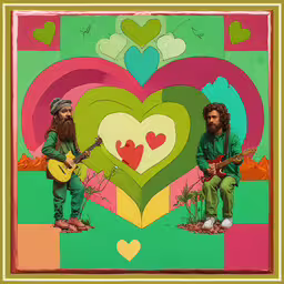 two hipsters in green, pink and yellow with heart shaped cut outs,a couple of people with guitars in front of a heart