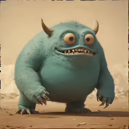a blue creature with large horns and big eyes