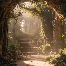steps lead through trees on a hilly pathway