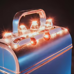 lighted suitcase sitting upright on a black background