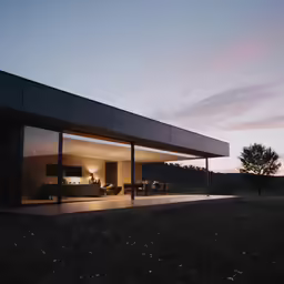 the back side of a modern house in the evening