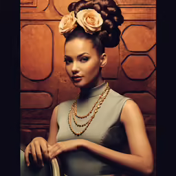 a beautiful african woman posing with her hair styled up in a flower bun