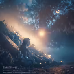 a person sitting in the forest with lights in the background