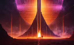 a futuristic city with a massive gate next to it,a tall building is in the middle of a strange landscape