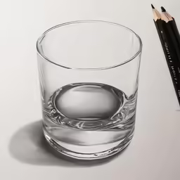 a glass of water and some pencils on top of a table