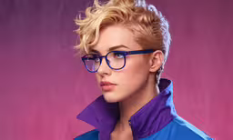 a blonde haired girl wearing glasses poses for a photo,a woman in a purple top and glasses