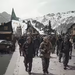 several people walking on the street in front of a mountain range