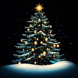 a lit christmas tree in a snow covered field