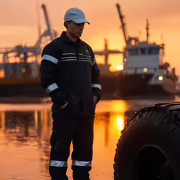 a man standing next to an over tire on a beach