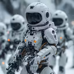 multiple astronauts in space suits walk through a snow storm