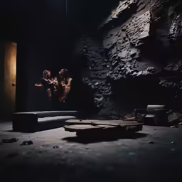 some people sitting in a dark room while the man looks at something