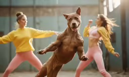 three woman dancing with a dog in an arena