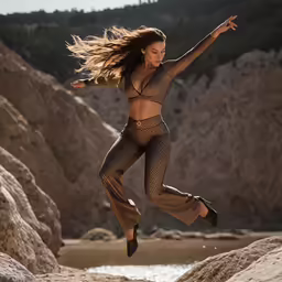 a woman wearing animal print clothes and jumping over rocks in a forest