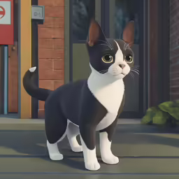 a black and white cat next to an empty building