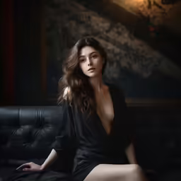 the woman in a long black dress is sitting on a black leather couch