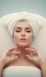 woman with white towel on her head and hands